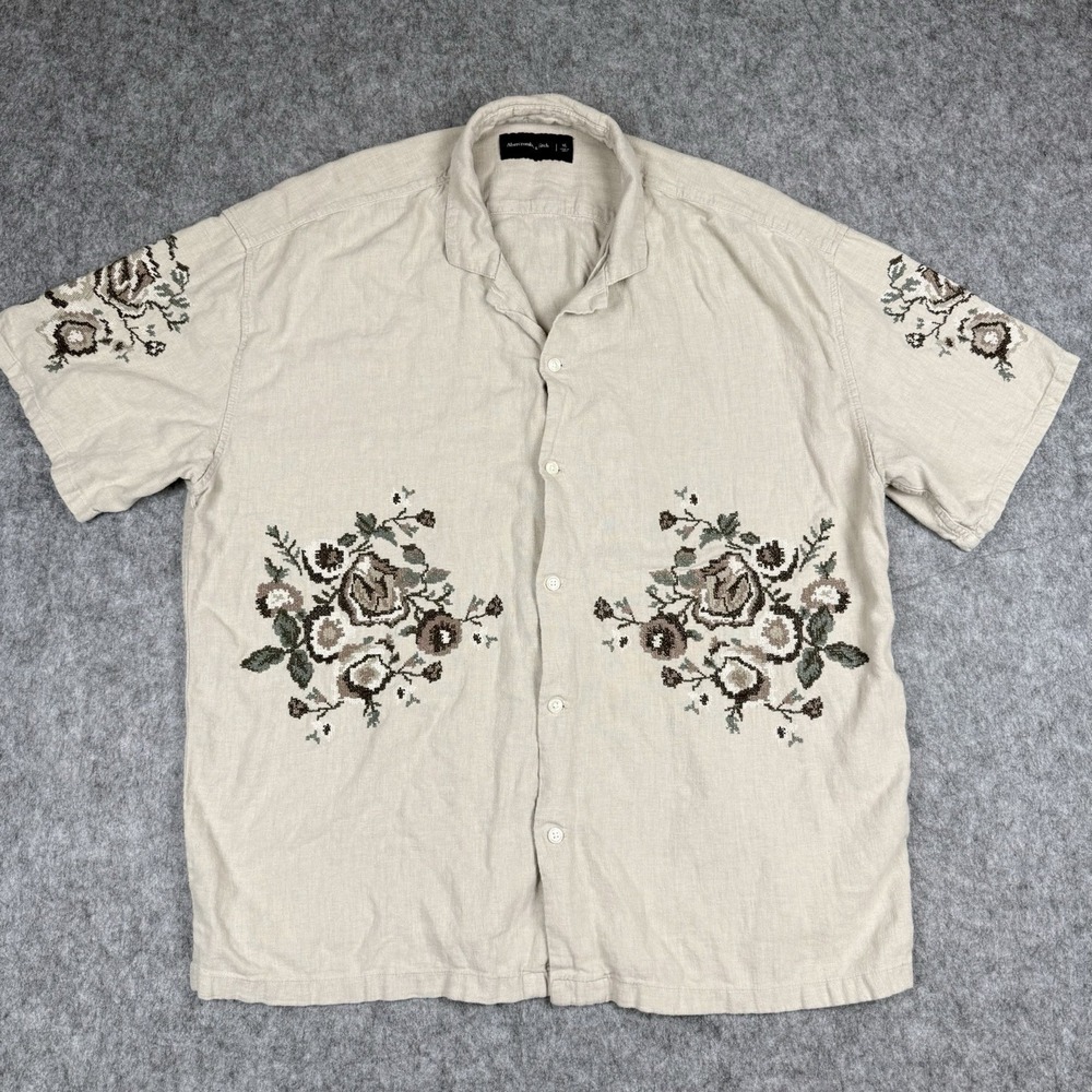Abercrombie & Fitch Summer Linen Blend Floral Embroidery Camp Beige Shirt Men XL
